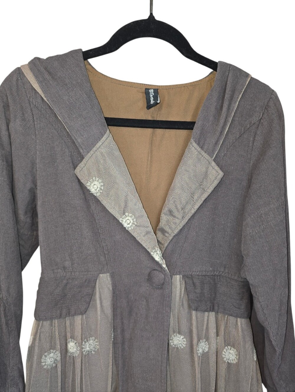 Sacred Threads Grey Corduroy & Embroidered Lace Hooded Jacket Coat - Size Small - Picture 2 of 13